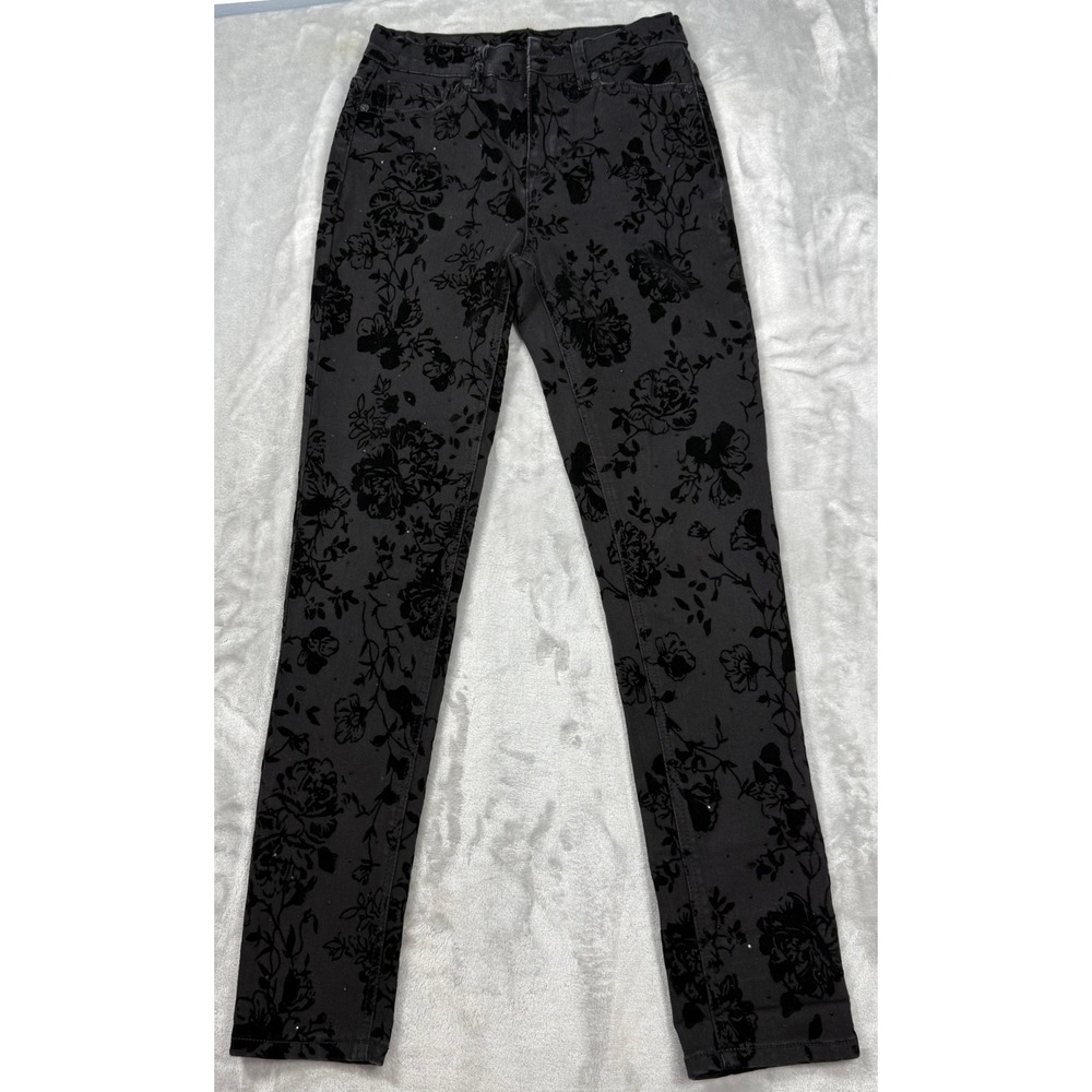 DG2 by Diane Gilman Black Velvet Floral Flocked Skinny Jeans Size 4 High Rise